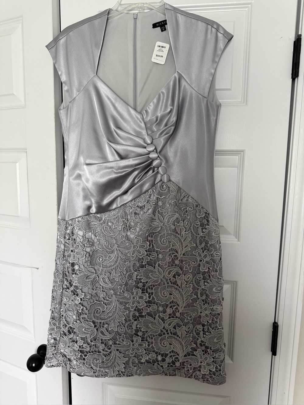 MARINA Silver Satin and Lace Midi Dress